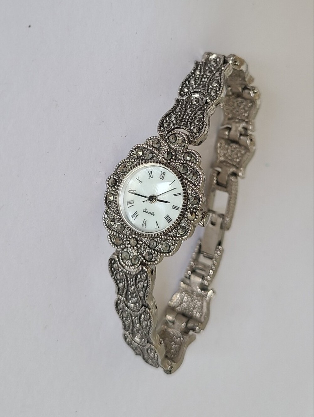 Vintage Boho Quartz Pearl Face Marcasite Crystal Luxury Bracelet Watch
